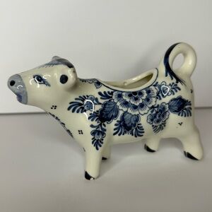 VTG Delft Blue Cow Creamer, Flowers, Hand Painted, Made In Holland